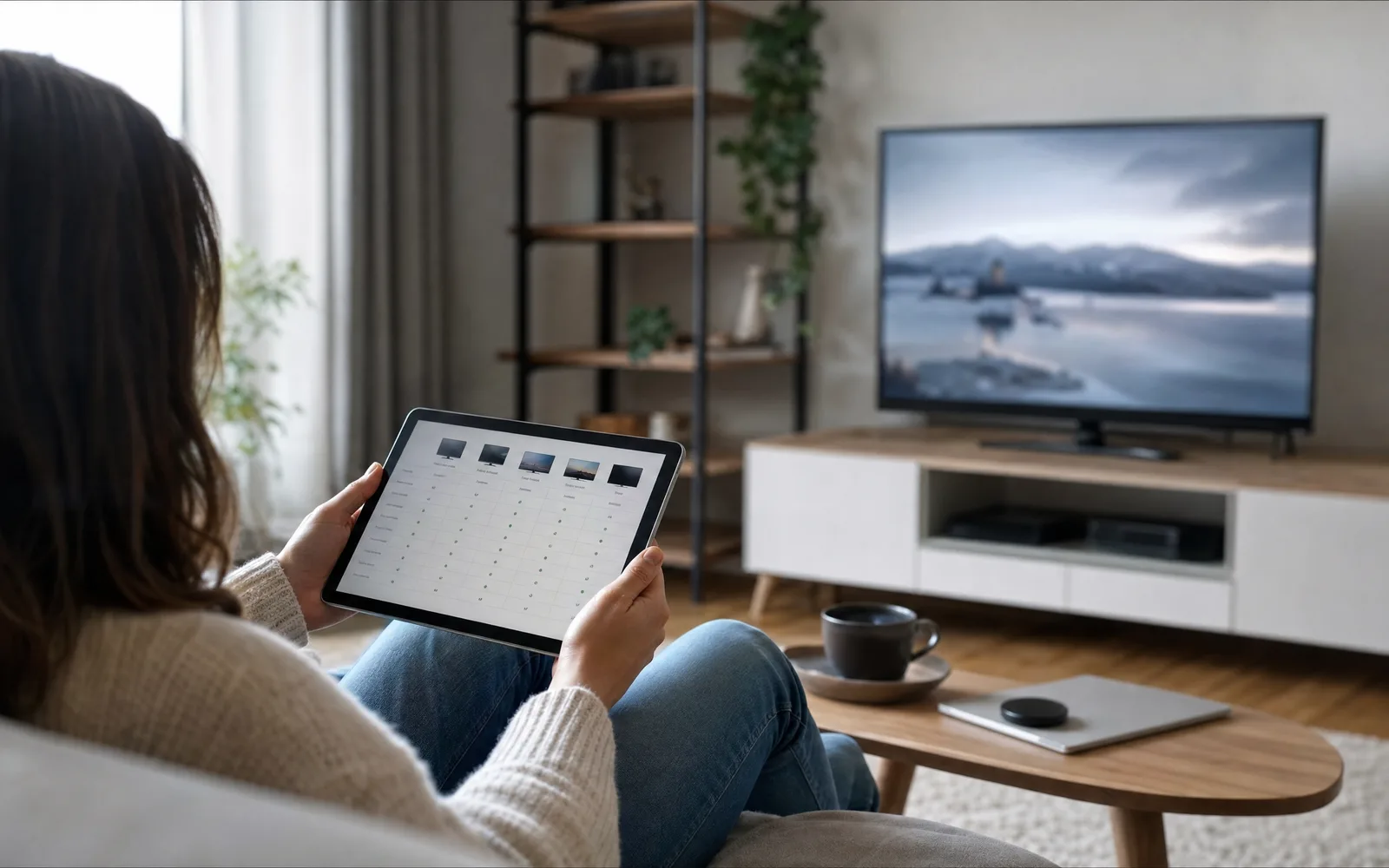 Person vergleicht auf einem Tablet mehrere IPTV 4K Anbieter Optionen, im Hintergrund ein großer Fernseher in einem hellen Wohnzimmer
