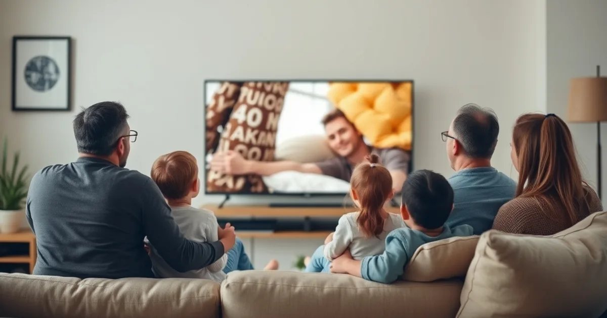 Familie sitzt gemeinsam vor einem großen Fernseher in einem hellen Wohnzimmer und schaut ein Programm in 4K