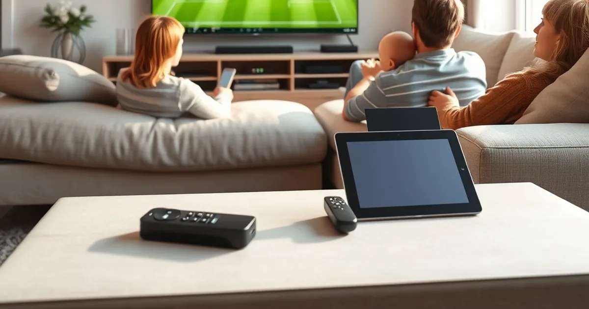 Familie schaut in gemütlichem, hellem Wohnzimmer ein Bundesliga-Spiel in 4K auf einem großen Fernseher