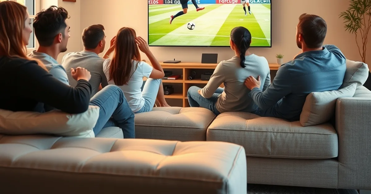 Freunde schauen gemeinsam ein Bundesliga-Spiel auf einem großen Fernseher in einem hellen Wohnzimmer