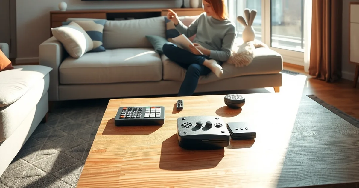 Person vergleicht auf dem Sofa im hellen Wohnzimmer zwei Fernbedienungen und rechnet die Kosten für Sky und IPTV während eines Fußballspiels im Hintergrund nach