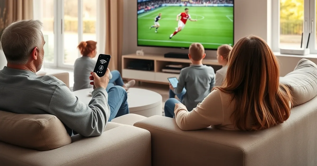 Familie schaut in einem hellen Wohnzimmer gemeinsam ein Bundesliga-Spiel in 4K, im Hintergrund ein zweiter Bildschirm und ein Router auf dem Regal