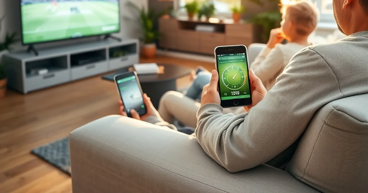 Familie schaut am Nachmittag bei Tageslicht ein Fußballspiel im Wohnzimmer, während jemand auf dem Smartphone die Internetgeschwindigkeit prüft