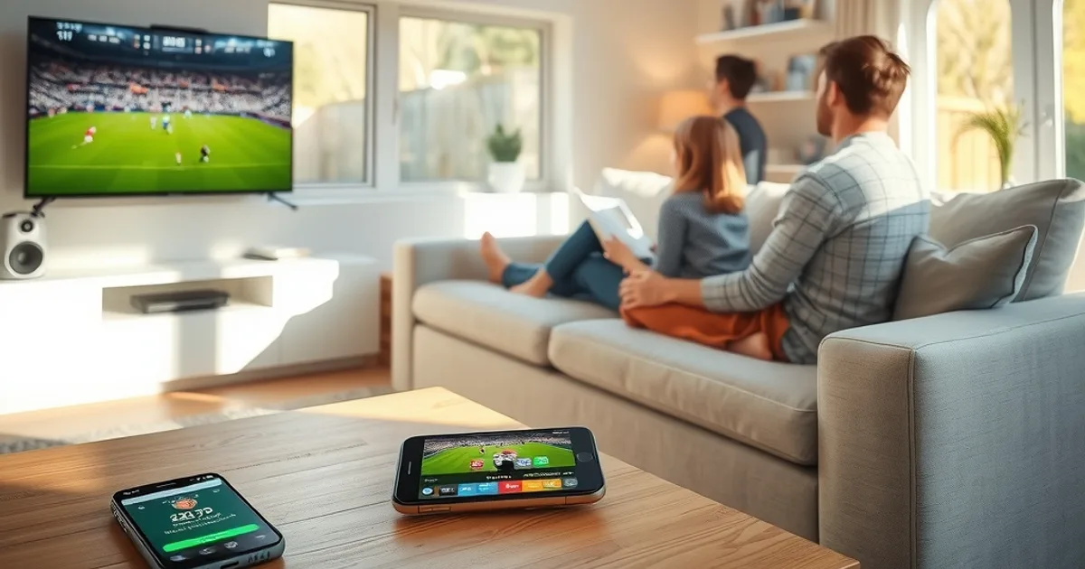 Familie schaut entspannt im hellen Wohnzimmer ein Bundesliga-Spiel auf dem Smart-TV, Smartphone mit Spielplan liegt auf dem Tisch