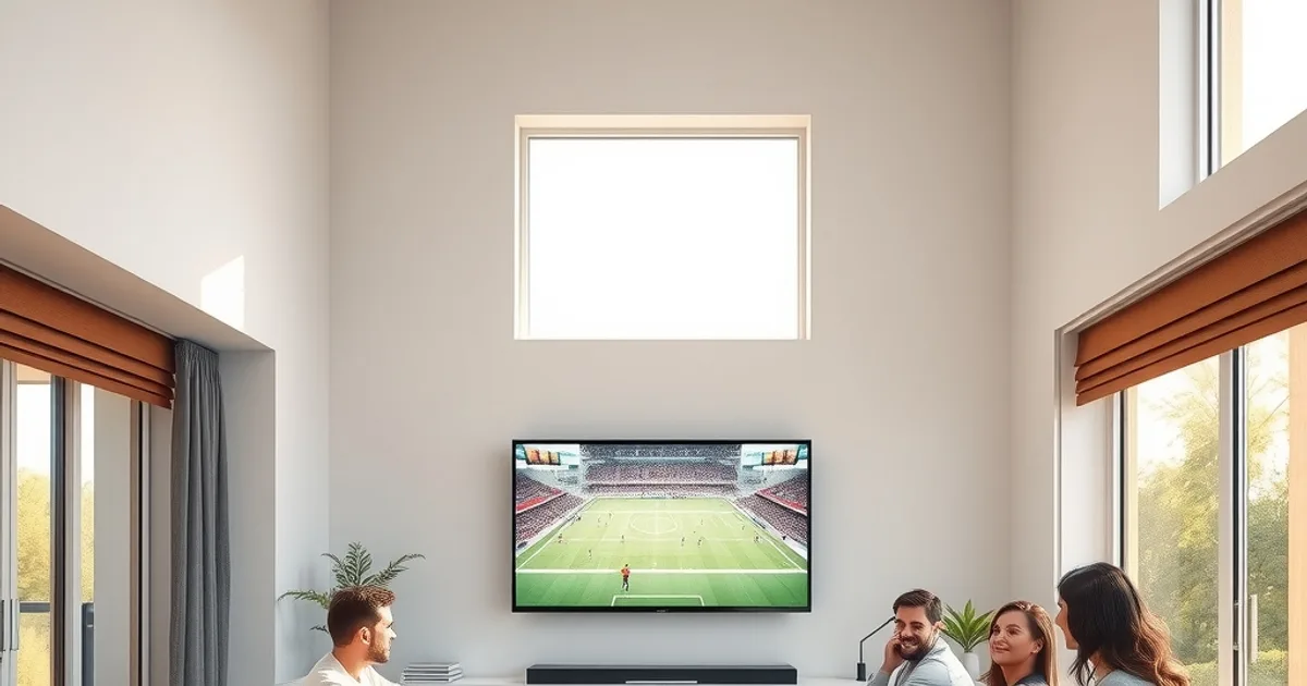 Freunde schauen bei hellem Tageslicht gemeinsam ein Bundesliga-Spiel auf einem großen Fernseher im hellen Wohnzimmer