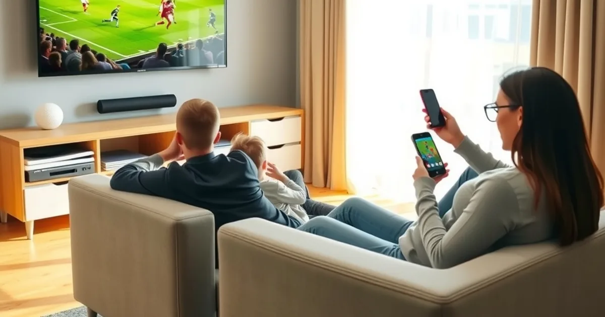 Familie schaut gemeinsam ein Champions-League-Spiel in 4K auf einem großen Fernseher in einem hellen, sonnigen Wohnzimmer