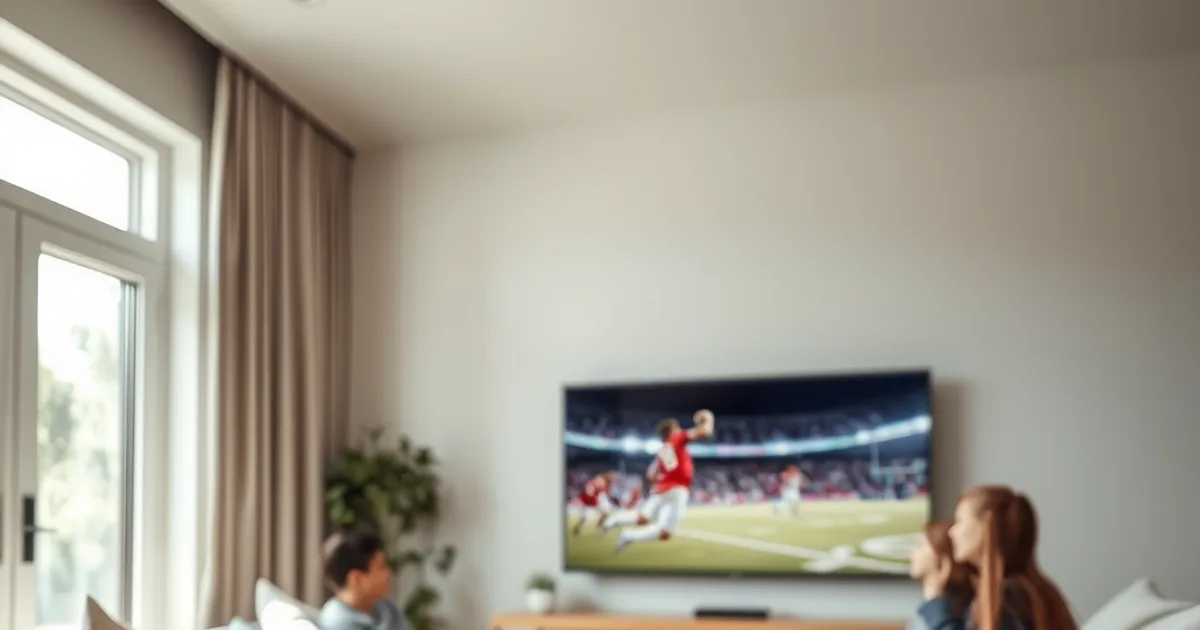 Familie sitzt entspannt im hellen Wohnzimmer auf dem Sofa und schaut ein Fußballspiel auf einem großen Fernseher, im Vordergrund liegt eine Streaming-Fernbedienung auf dem Couchtisch