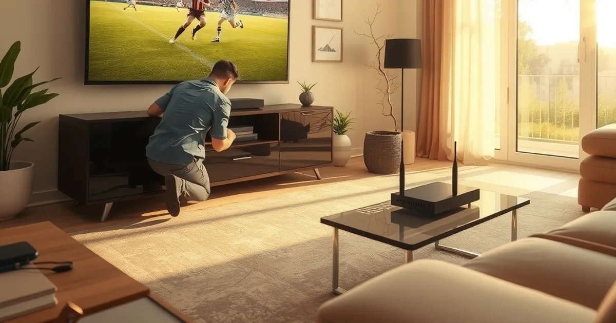 Person richtet abends im hellen Wohnzimmer Router und Fernseher für den Champions-League-Stream ein