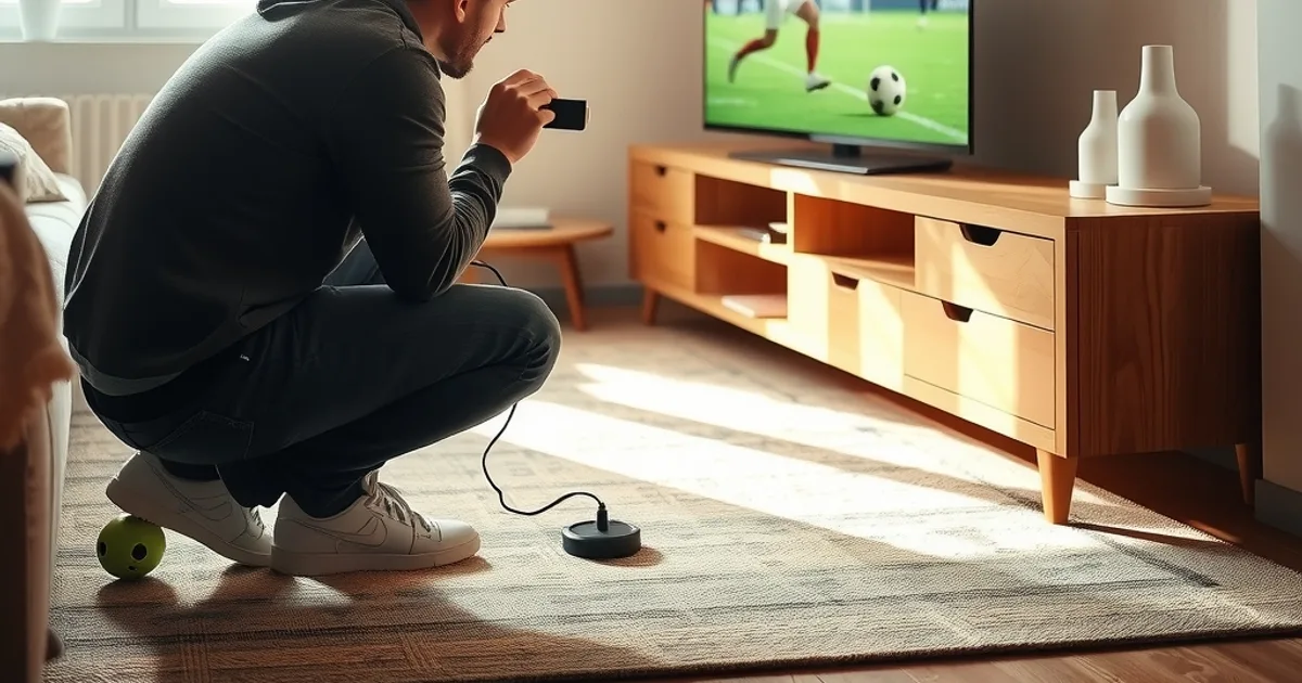Person schließt einen Chromecast mit Google TV an einen Flachbildfernseher im hellen Wohnzimmer an, im Hintergrund ein Fußballspiel auf dem Bildschirm