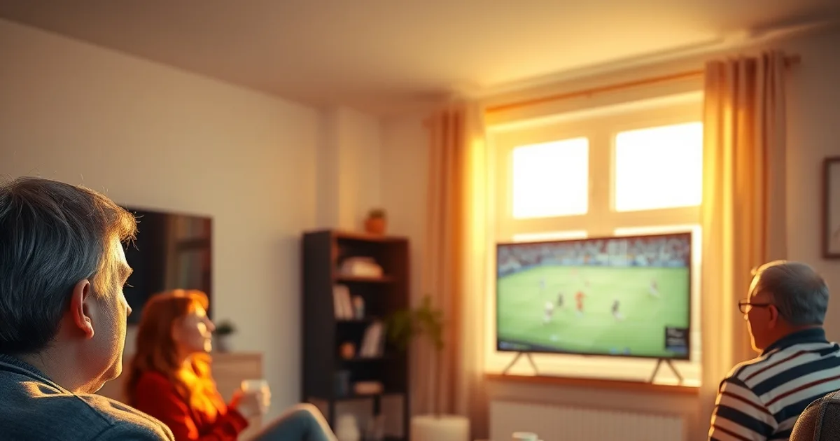 Freunde sitzen abends im hellen Wohnzimmer auf dem Sofa und schauen gespannt ein Fußballspiel auf einem großen Fernseher, im Vordergrund ein Smartphone mit Speedtest-App