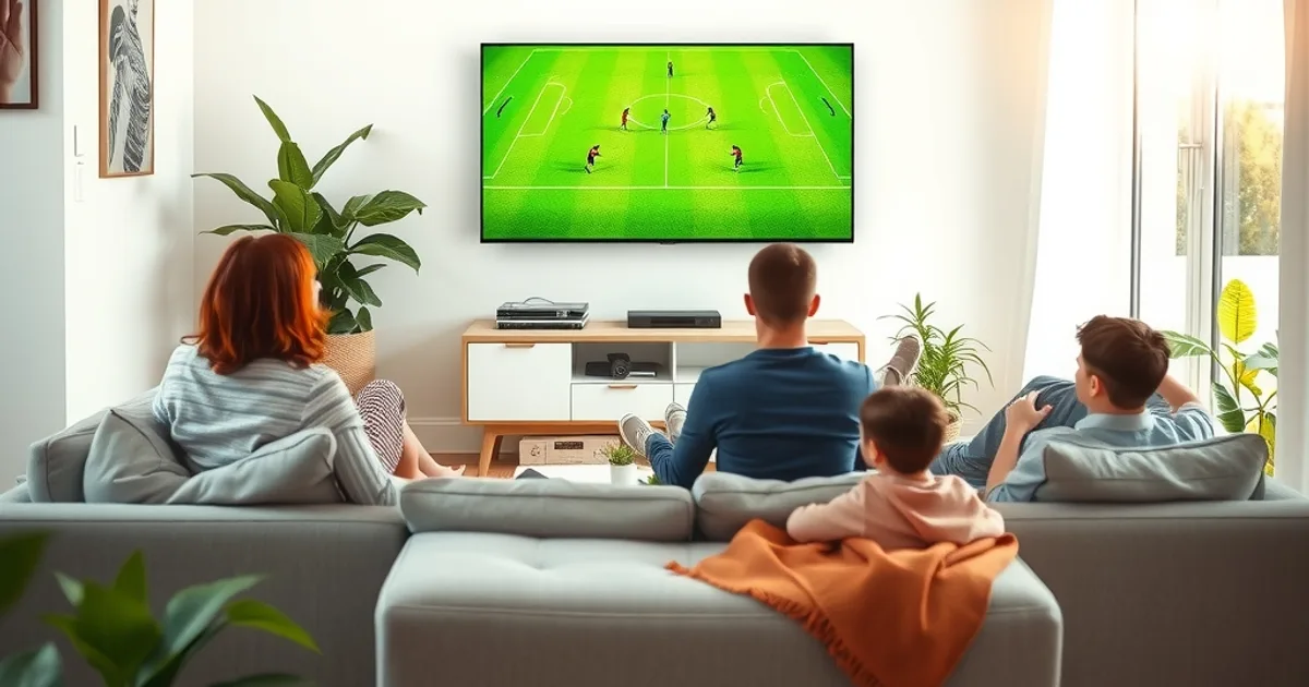 Familie sitzt entspannt im hellen Wohnzimmer auf dem Sofa und schaut ein Fußballspiel auf einem großen Smart TV