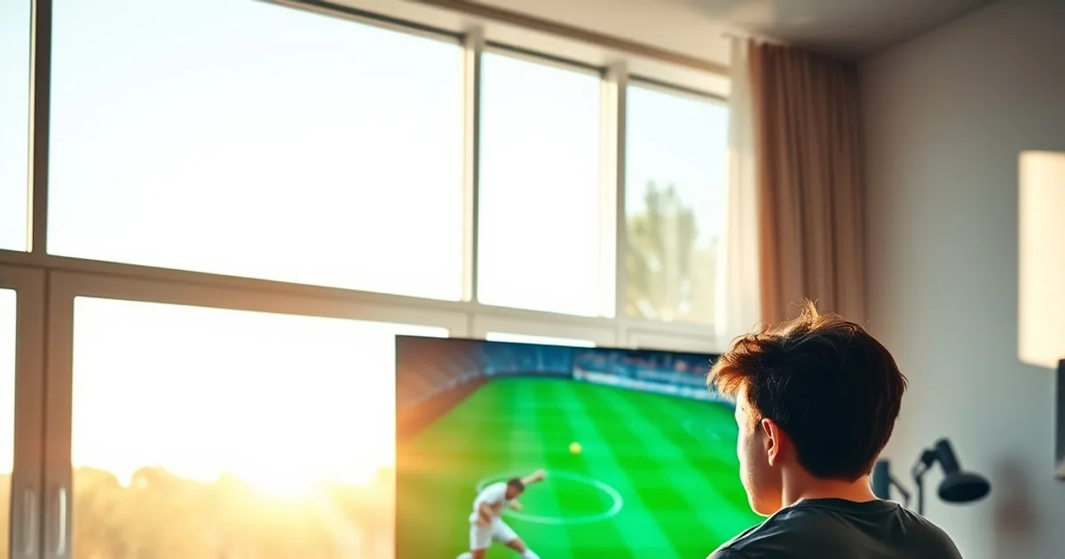 Ein Mann sitzt bei Tageslicht in seinem Wohnzimmer vor einem großen Fernseher, betrachtet ein Fußballspiel genau und hält gleichzeitig ein Smartphone mit einer Speedtest-App in der Hand.