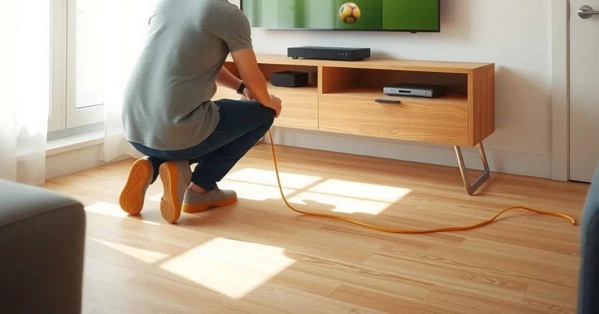 Eine Person verbindet ein Ethernet-Kabel mit dem Router im Wohnzimmer, im Hintergrund läuft ein Fußballspiel auf dem Fernseher