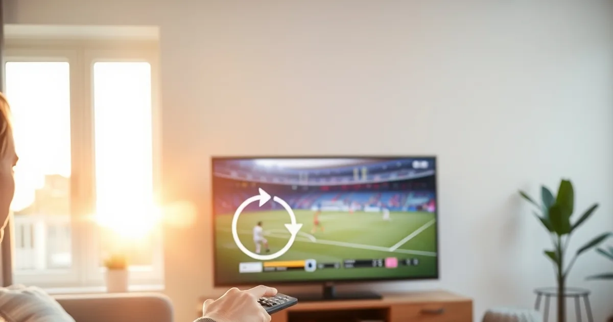Person sitzt entspannt im Wohnzimmer und pausiert eine aufgenommene Fußballübertragung auf dem Fernseher, im Hintergrund helles Tageslicht