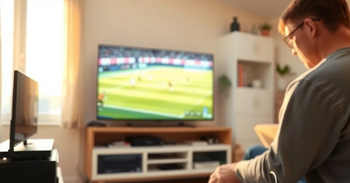 Ein Streaming-Gerät wird per Ethernet-Kabel mit dem Router verbunden, im Hintergrund läuft ein Fußballspiel auf dem Fernseher in einem hellen Wohnzimmer.