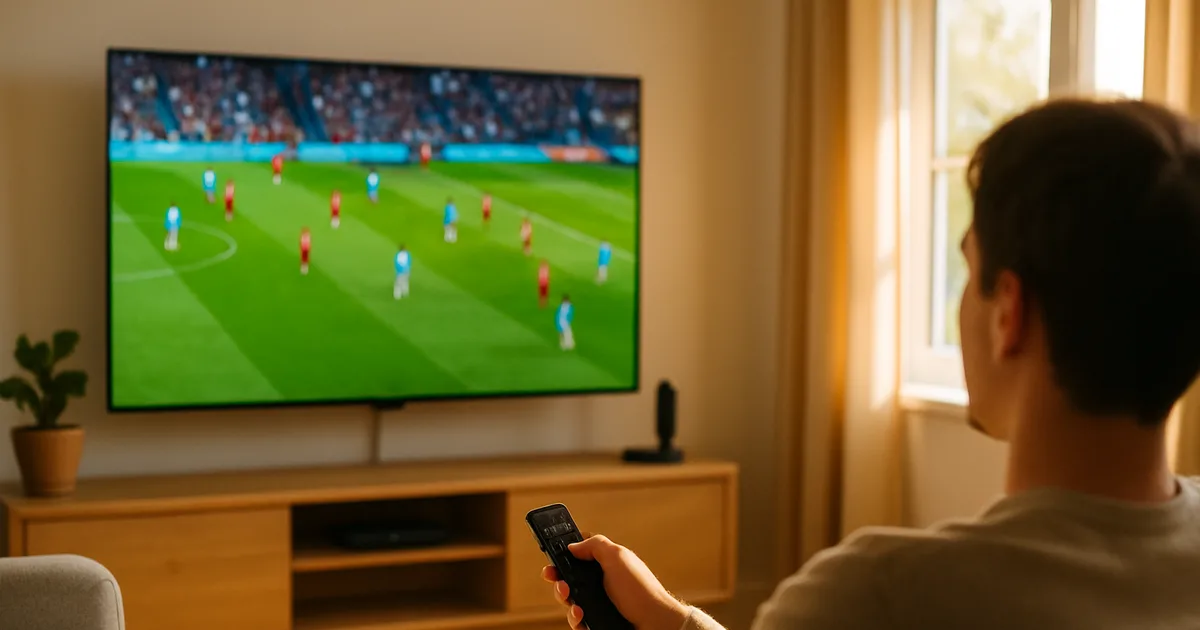 Person sitzt entspannt auf dem Sofa im hellen Wohnzimmer und schaut über einen Streaming-Stick ein flüssiges 4K-Fußballspiel auf dem Fernseher
