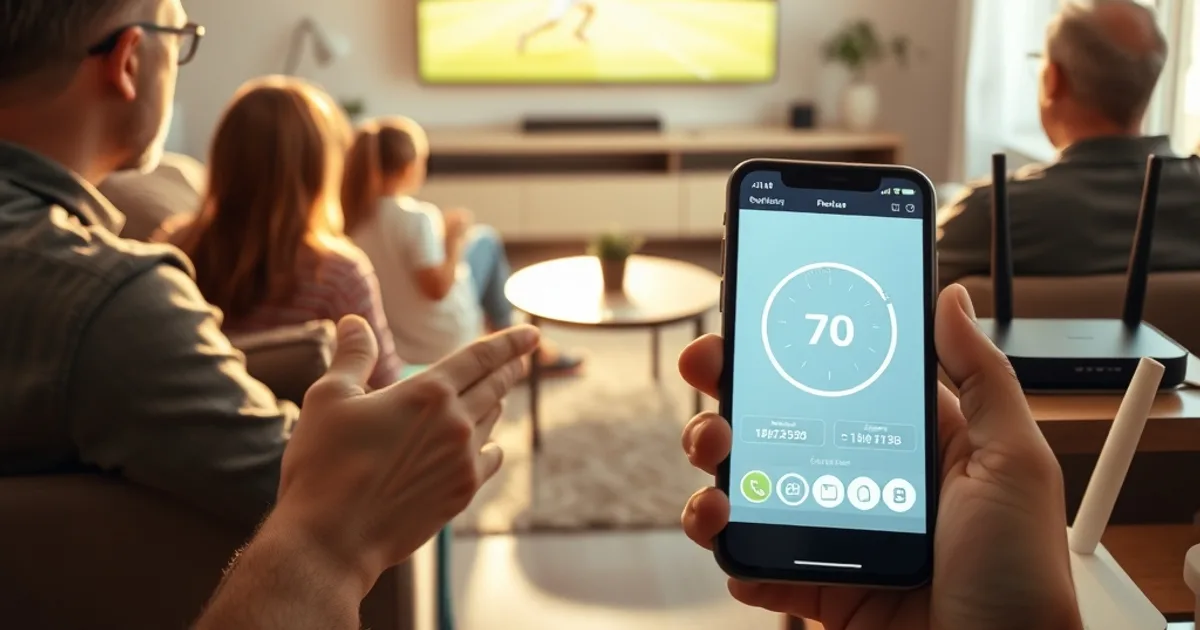 Familie schaut entspannt Fußball in 4K im hellen Wohnzimmer, im Vordergrund ein Smartphone mit Speedtest-App