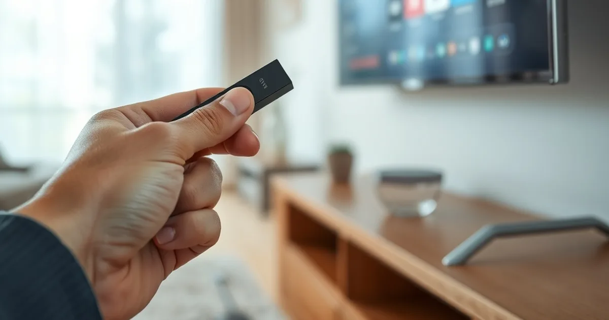 Hand steckt einen kleinen Streaming-Stick in den HDMI-Anschluss eines Fernsehers