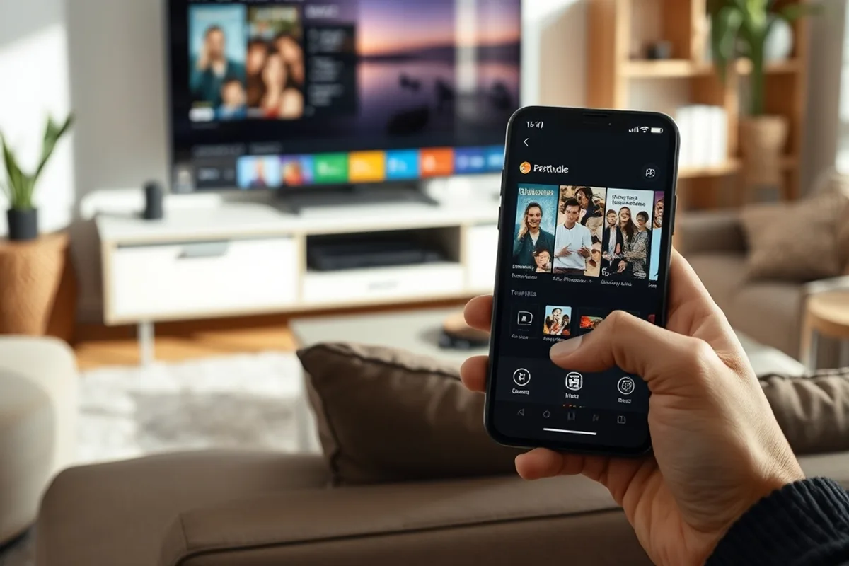 Smart-TV, kleine Streaming-Box und Smartphone zeigen nebeneinander dieselbe Oberfläche in einem hellen Raum