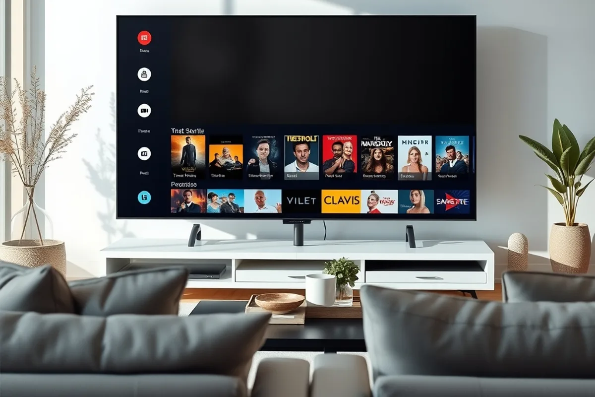 Fernseher zeigt eine geordnete Übersicht aus Programmkacheln und Filmcovern in einem hellen Wohnzimmer