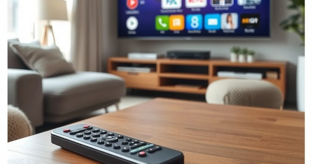 Fernbedienung liegt vor einem großen Smart-TV mit App-Startbildschirm in einem hellen Wohnzimmer