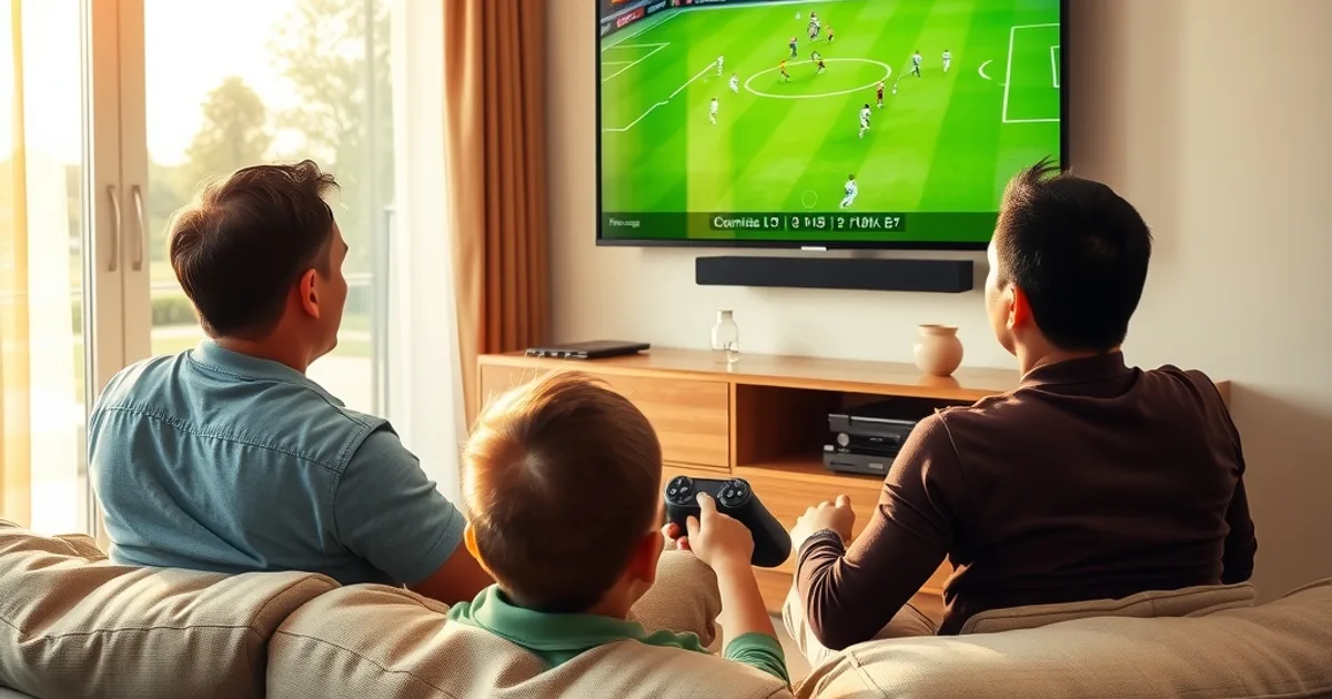 Familie schaut in einem hellen Wohnzimmer am Nachmittag ein Fußballspiel auf einem großen Fernseher