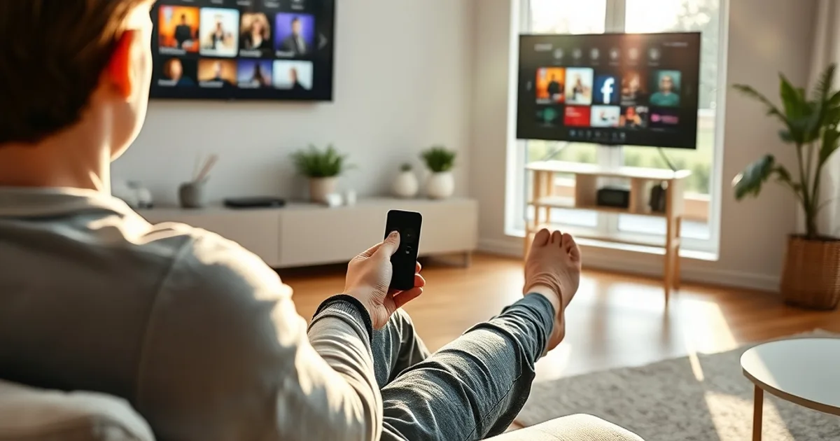 Person sitzt entspannt auf dem Sofa und steuert mit der Apple-TV-Fernbedienung einen IPTV-Kanal auf dem 4K-Fernseher in einem hellen Wohnzimmer