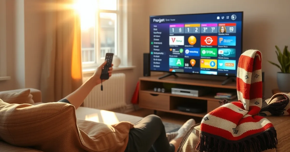 Person sitzt entspannt auf dem Sofa und schaut sich im hellen Wohnzimmer die Programmübersicht auf dem Fernseher an, bevor ein Bundesliga-Spiel beginnt