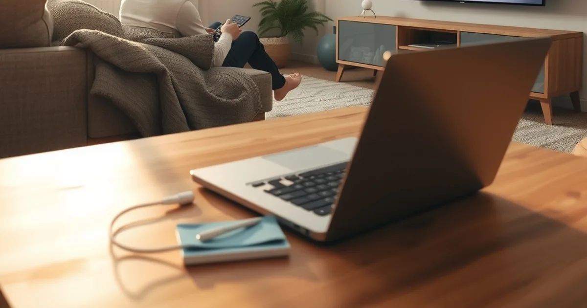 Person sitzt entspannt auf dem Sofa und schaut in einem hellen Wohnzimmer auf einen Fernseher, der kurz lädt, im Hintergrund ein Laptop mit Router auf dem Tisch