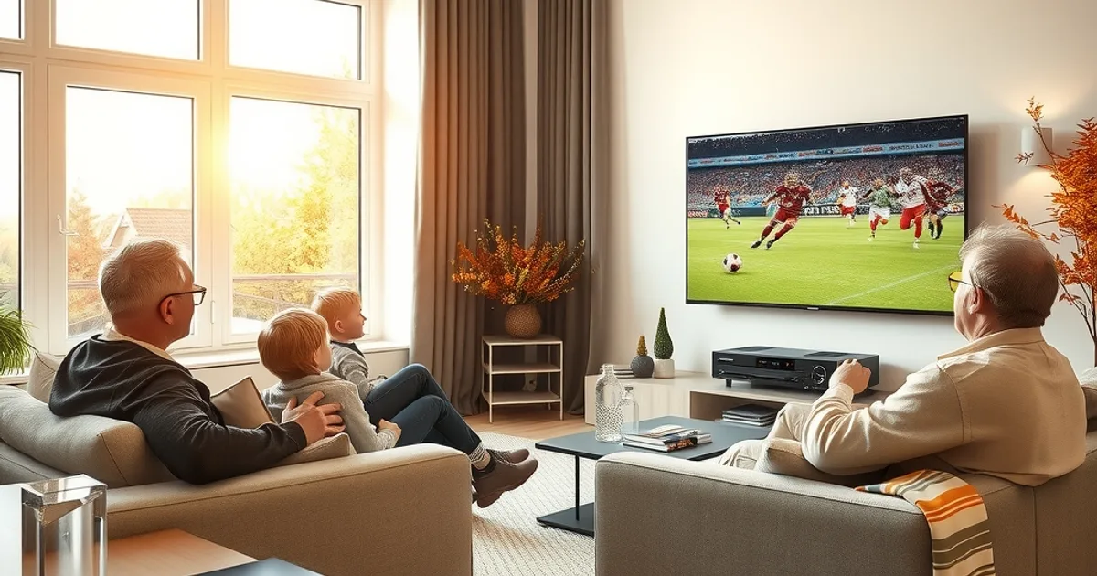 Familie schaut in einem hellen Wohnzimmer am Nachmittag Fußball auf einem großen 4K-Fernseher, darunter ein AV-Receiver mit sichtbarer Verkabelung