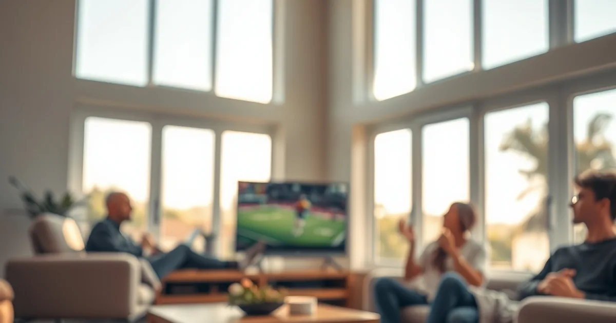Familie schaut bei Tageslicht ein Fußballspiel im Wohnzimmer, im Vordergrund ein Smartphone mit Stoppuhr neben einer Streaming-Box auf dem Couchtisch