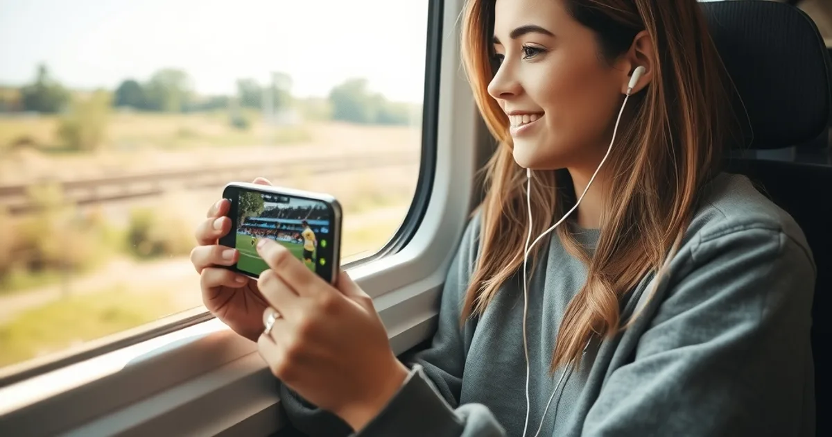 Junge Frau schaut im Regionalzug bei Tageslicht ein Fußballspiel in 4K auf ihrem Smartphone