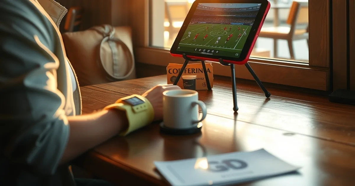 Eine Person sitzt an einem sonnigen Café-Tisch und schaut ein Bundesliga-Spiel auf einem aufgestellten Tablet.