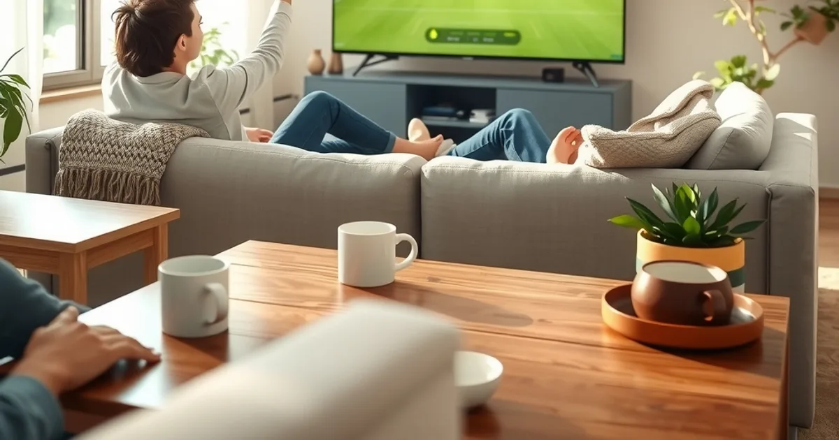 Zwei Freunde schauen bei Tageslicht gemeinsam ein Fußballspiel im Wohnzimmer, einer hält ein Smartphone für einen Videocall mit einem entfernten Mitschauer