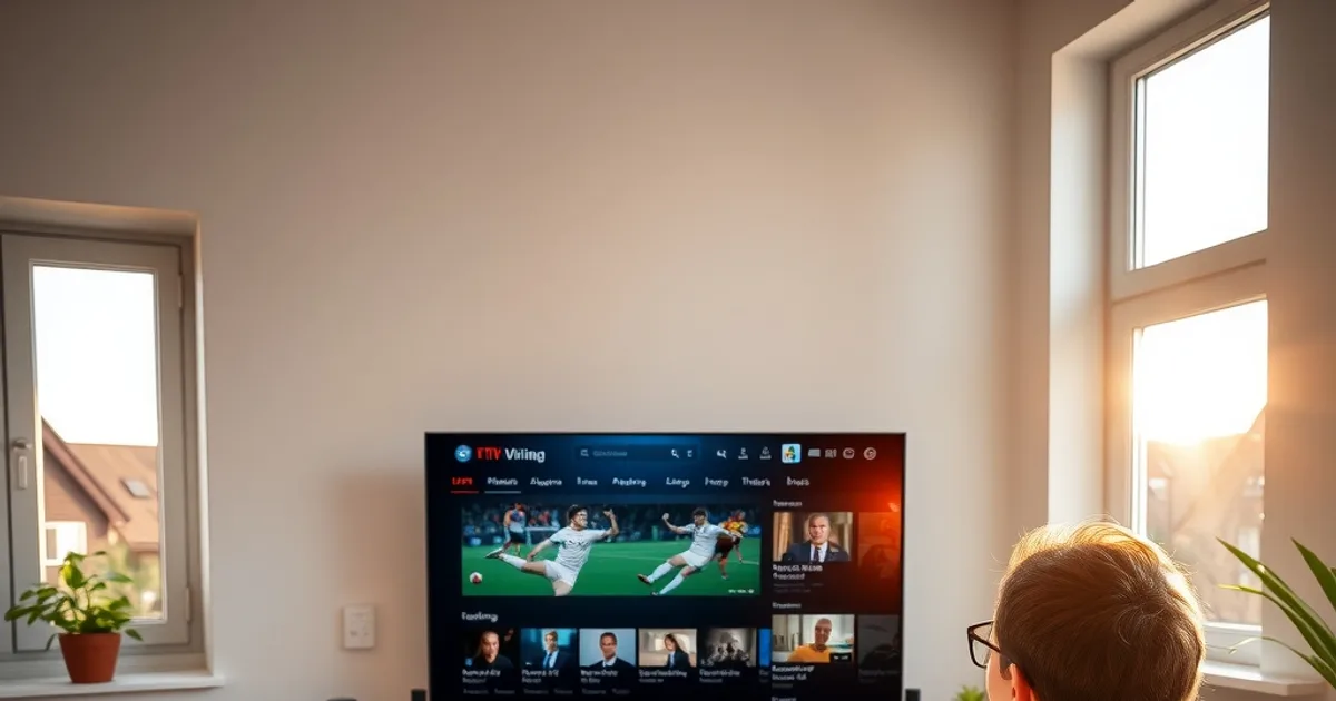 Person vergleicht zwei Fernbedienungen vor einem Fernseher mit Fußballübertragung in einem hellen, sonnigen Wohnzimmer