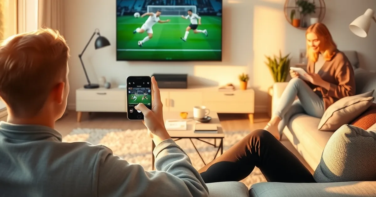 Zwei Personen wechseln entspannt im hellen Wohnzimmer von Sky zu einer IPTV-App, während im Hintergrund ein Bundesliga-Spiel auf dem Fernseher läuft
