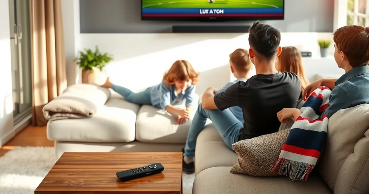 Familie schaut bei Tageslicht ein WM-Spiel auf einem großen 4K-Fernseher im Wohnzimmer